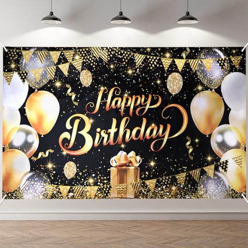 ANOMM Pancarta Feliz Cumpleaños, Negro y Dorado Happy Birthday Decoracion, Telón de Fondo para...