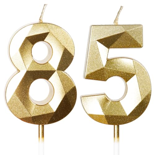 Yiran Velas de cumpleaños número 85, velas doradas con el número 85, decoraciones para tartas...