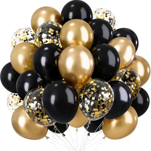 Globos Cumpleaños Oro y Negro - 60 Piezas Globos Negros y Dorados con Globo Confeti Dorado, Globos...