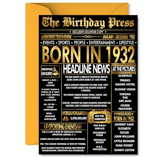 Tarjeta dorada de 93 cumpleaños para hombres y mujeres, periódico negro y dorado nacido en 1932,...