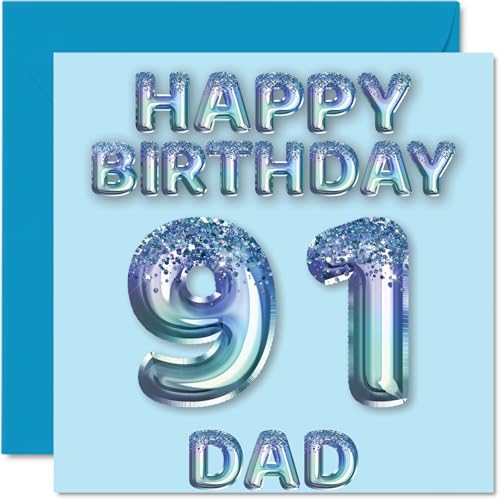 Tarjeta de cumpleaños número 91 para papá, globos de fiesta con purpurina azul, tarjetas de feliz...