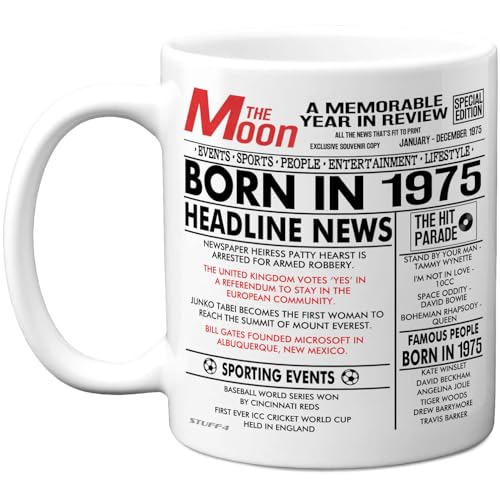 Stuff4 Taza de 50 cumpleaños para hombres y mujeres – Born in 1975 Newspaper – Happy 50...