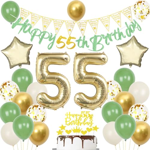 Globos 55 cumpleaños verde oro, Decoraciones Fiesta 55 cumpleaños Hombre Mujer, Cumpleaño 55...