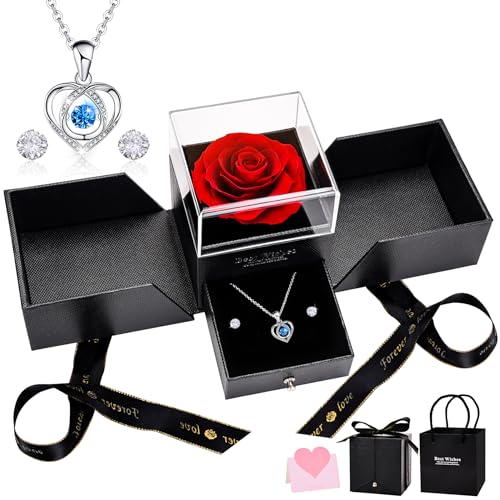 UUEMB Rosa Eterna, Rojo Caja de Regalo de Rosa Preservada con Collar de Corazón y Aretes, Regalo de...