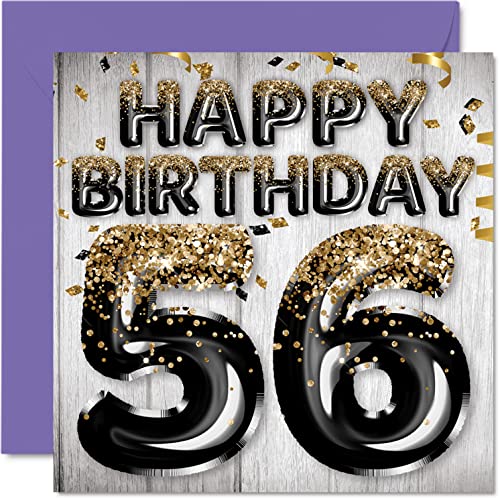 Tarjeta de cumpleaños 56 para hombres, globos negros y dorados con purpurina, tarjetas de feliz...