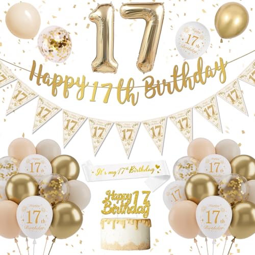 Decoración Cumpleaños 17 Años, Globos 17 Cumpleaños Dorado Blanco, Pancarta De Feliz...