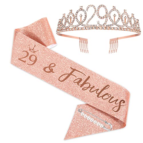 Faja y tiara de 29 cumpleaños para mujer, corona de cumpleaños de oro rosa 29 y fabulosa faja y...