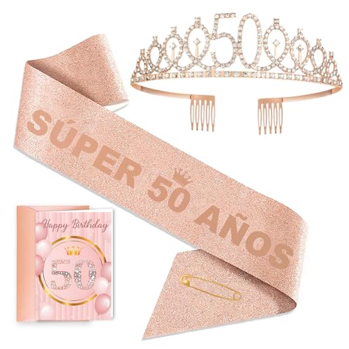Toctax Kit Regalo Cumpleaños 50 Años Mujer, Banda Super 50 Años, Tiara 50, Tarjeta y Sobre. Ideal...