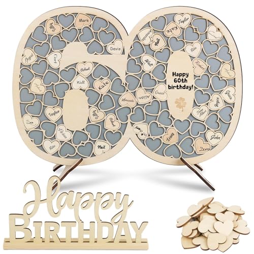 BOFUNX Libro Firmas de Visitas para Cumpleaños 60 Años Tarjeta Felicitación de Madera+91pcs...