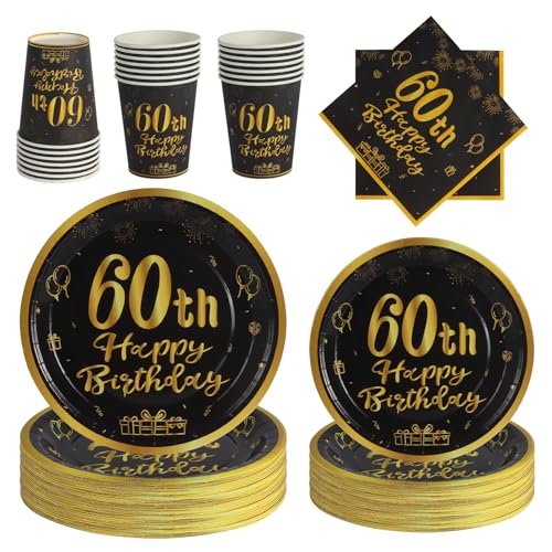PYAILI Juego de cubiertos para cumpleaños de 60 años, con 96 piezas, capacidad para 24 personas,...