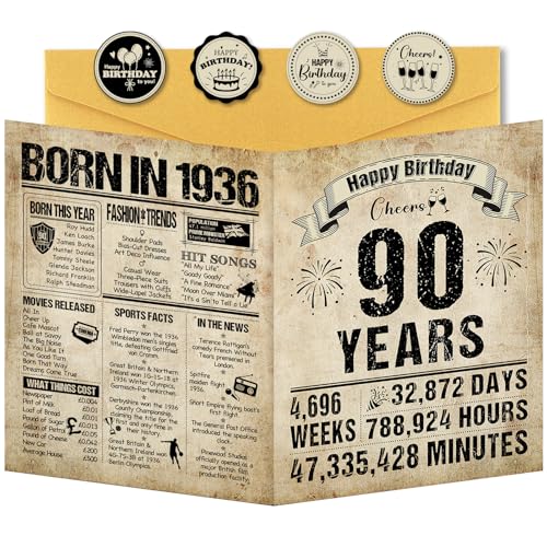 Benjia Tarjetas de felicitación de 90 cumpleaños para hombres y mujeres, nacidas en 1936, tarjeta...