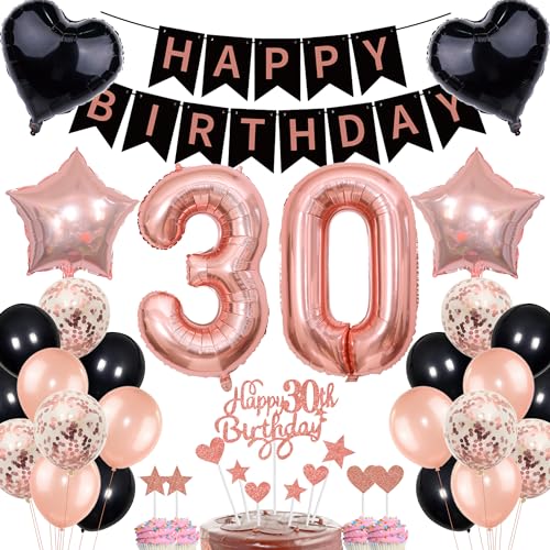Decoración para 30 cumpleaños para mujer, oro rosa y negro, juego de decoración para tartas, 30...