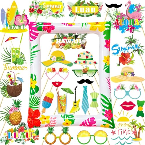LMSHOWOWO 29 Piezas Aloha Hawaiana Photo Booth Props, Selfie Marco de Fotos Inflable de Hawaiana,...