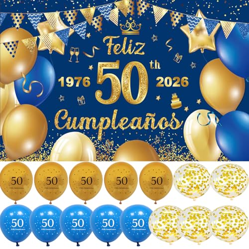 Decoración 50 Años en Español - Pancarta Feliz Cumpleaños Azul y Oro con 15 Globos, Happy...