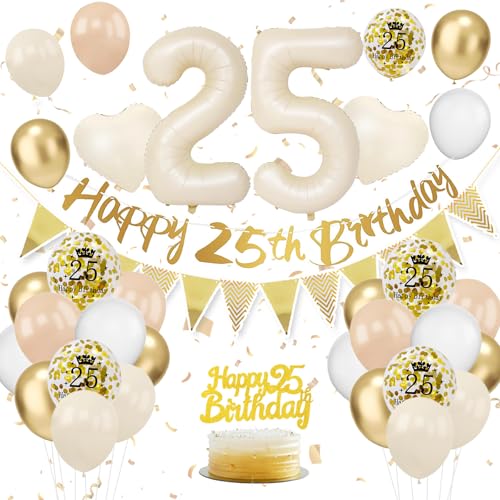 Decoración Cumpleaños 25 Años Beige, Globos de Aluminio, Pancartas, para Hombre Mujer Fiesta