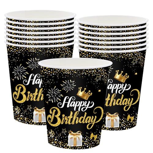 MOMAHUA 16 tazas de cumpleaños de 250 ml, de papel negro y dorado, para hombres, mujeres, para él,...