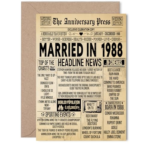 Tarjeta de 37 aniversario para mujeres y hombres, periódico vintage casado en 1988, tarjeta de...