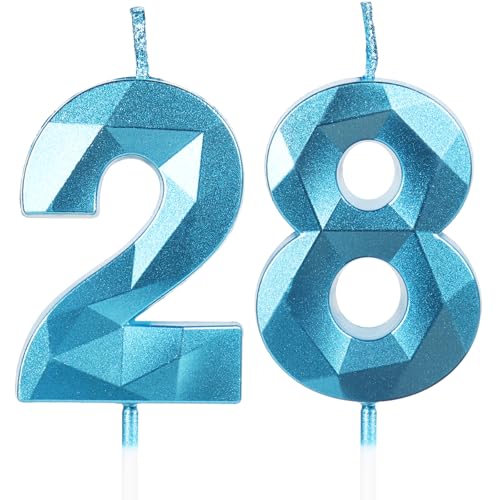 Velas de Cumpleaños 28 Años Azul, Decoraciones para Hombres y Mujeres, Número 28 3D para Tarta,...