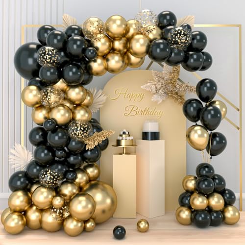 Kit de Arco de Globos Negro Dorado, 83pcs Guirnalda Globos Dorados y Negros con Globos de Confeti...