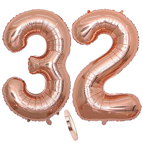 Globos numeros 32 años, Number globo número 32 oro rosa para niña Mujeres Chica, 40' Figuras...