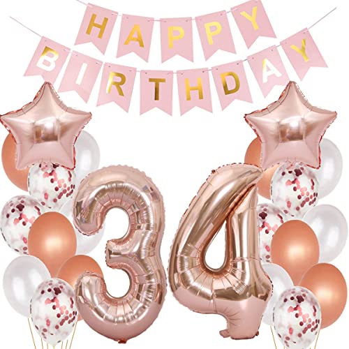 Decoración Globos 34 Cumpleaños Rosa Oro - Globos 34 Años para Mujer - Decoración Cumpleaños...