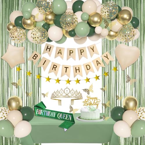 BlueCloudy Decoración de cumpleaños verde para mujer, globos foil nude marfil verde salvia,...