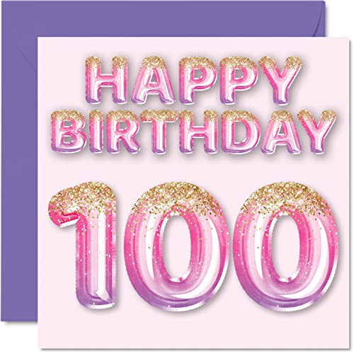 Tarjeta de cumpleaños número 100 para mujer, globos de purpurina rosa y morada, tarjetas de feliz...