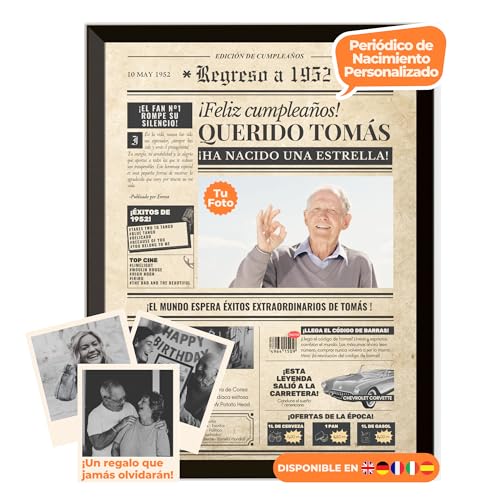 Periódico de cumpleaños 1952 – póster personalizado año nacimiento con foto, nombre y mensaje...