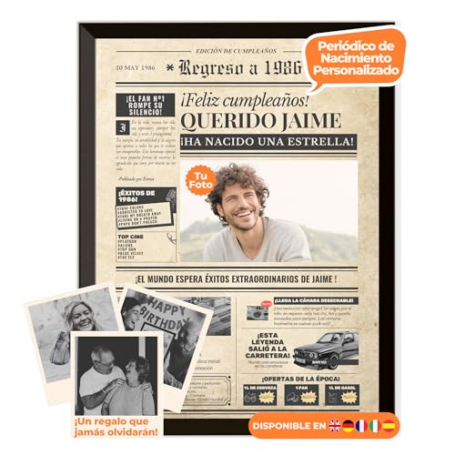 Periódico de cumpleaños 1986 – póster personalizado año nacimiento con foto, nombre y mensaje...