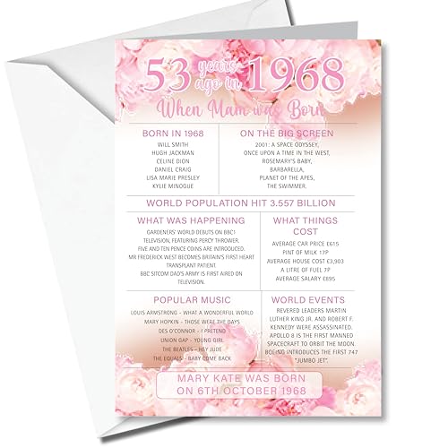 1968 Facts - Tarjeta de felicitación para cumpleaños 55, personalizable, diseño de flores blancas...