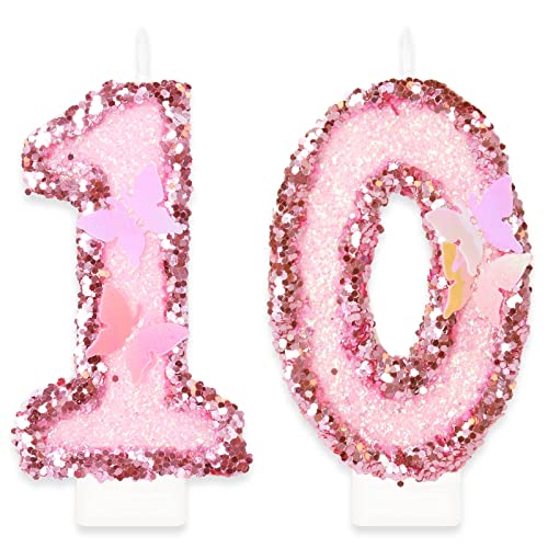 Velas Números 10 Cumpleaños, Mariposa Velas de Cumpleaños, Rosa Lentejuelas Decoración para...