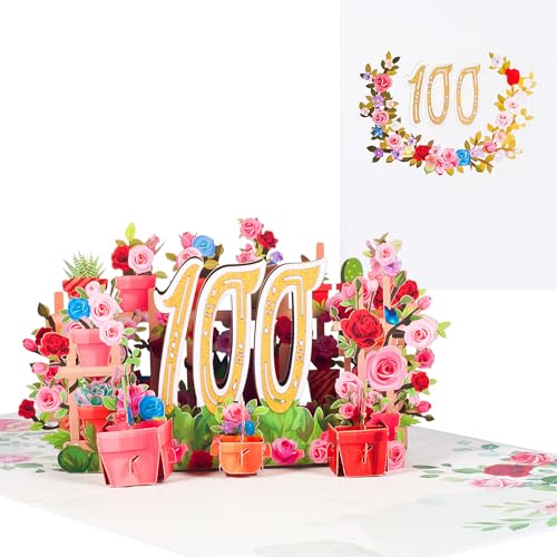 Tarjeta pop-up para el 100º cumpleaños, diseño de flores 3D, 100 años, para mamás, abuelas y...
