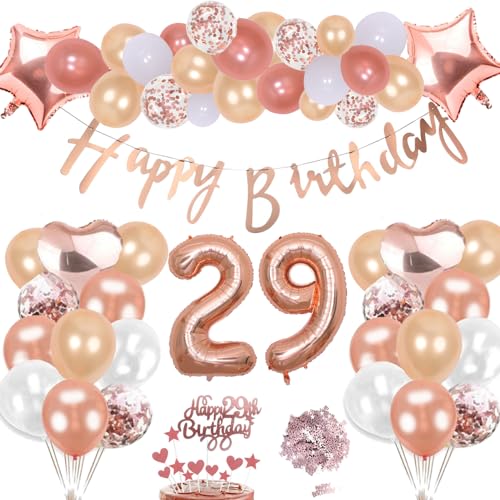 29 Cumpleaños Decoración Oro Rosa Kit Para Niña, Inflables Estrellas Corazón Numeros Gigantes...