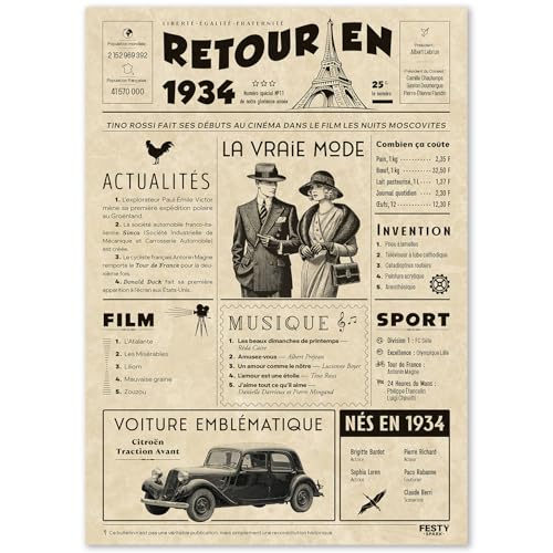 Regalo original de regreso en 1934 – Idea de regalo de 91 años para mujer y hombre, tarjeta de...
