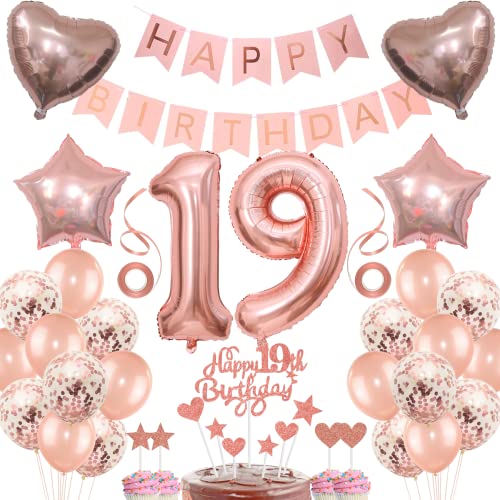 Decoración de cumpleaños número 19 de oro rosa, regalo de cumpleaños para niña con globos