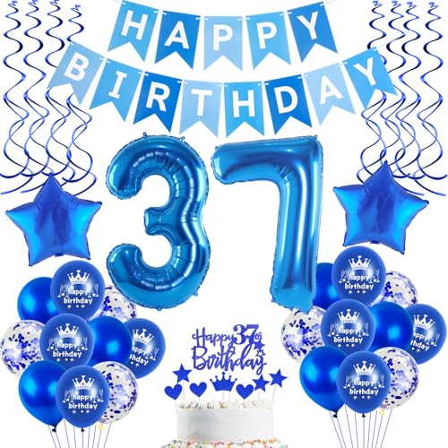 Globos 37 cumpleaños decoración hombre azul, globos 37 años decoración de cumpleaños para los...