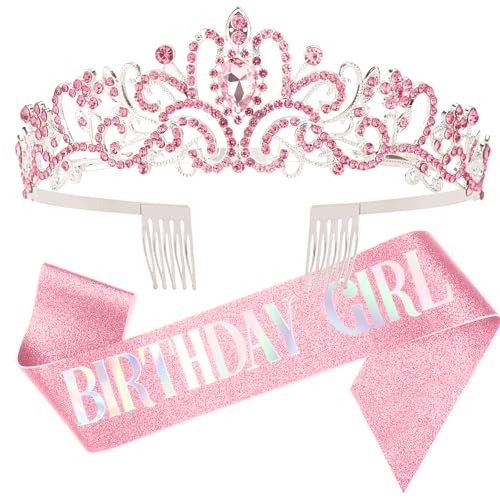 DRESHOW Corona y Fajín de Cumpleaños para Mujer Fajín de Cumpleaños para Niña y Tiara de Strass...