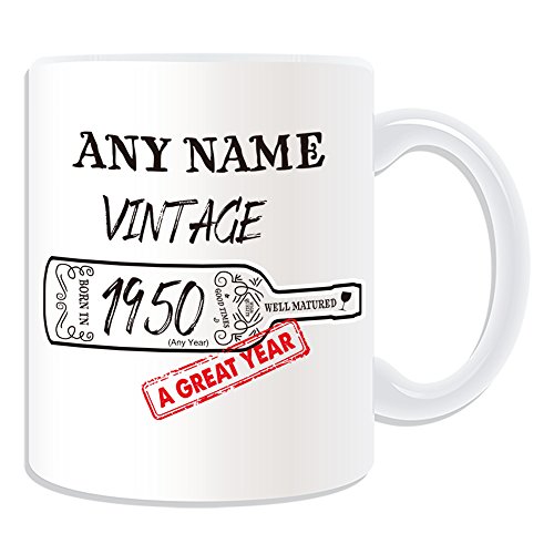 Regalo personalizado – Vintage Wine Year 1950 taza (Diseño de ocasión blanco) con nombre y...