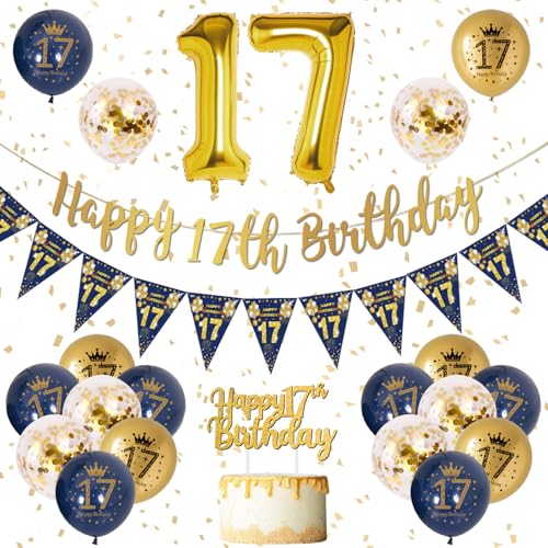 17 Años Decoracion Cumpleaños Niño Azul Oro Banner de Feliz Cumpleaños, Azul Oro Globos de...