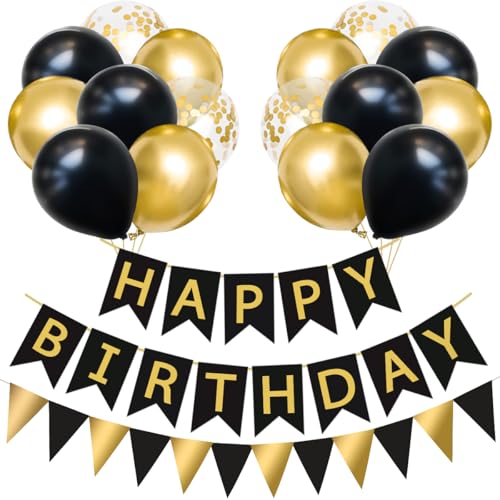 Decoración Fiesta Cumpleaños Negro y Dorado, 16 Globos Negro, Dorado Metálico y Confeti Dorado...