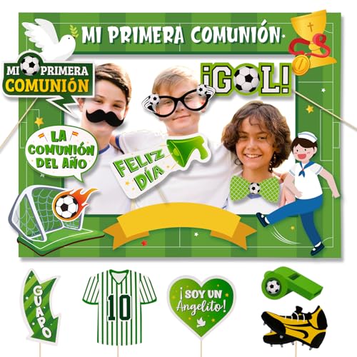 GEBETTER 13Pcs Photocall Comunión Niño Fútbol, 1 * Marco de Fotos + 12 * Accesorios, Fotocall...