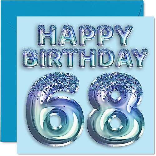 Tarjeta de cumpleaños número 68 para hombres, globo de fiesta con purpurina azul, tarjetas de feliz cumpleaños para hombre de 68 años, tío, abuelo, papá, abuelo, abuelo, abuelo, 145 mm x 145 mm,