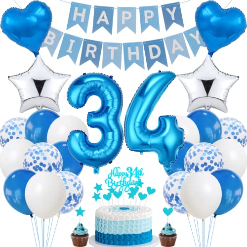 Decoración de Cumpleaños 34 Años para Mujeres y Hombres - Fiesta Plata con Adorno para Tarta -...