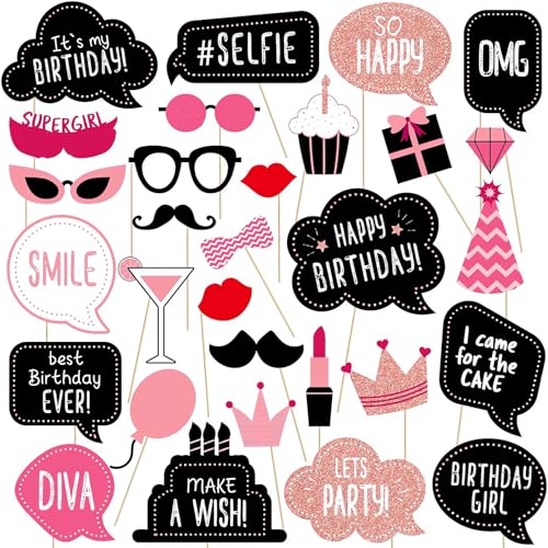 30 Piezas Photocall Cumpleaños Photocall Boda Atrezzo Photocalls Rosa con Gafas Barba Sombrero y...