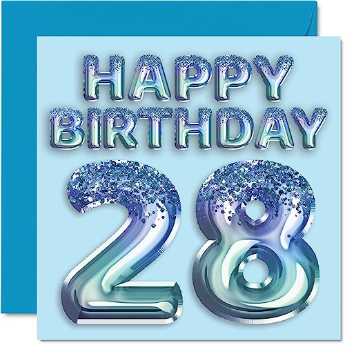 Tarjeta de cumpleaños número 28 para hombres, globo de fiesta con purpurina azul, tarjetas de feliz cumpleaños para hombre de 28 años, hermano, hijo, sobrino, tío, 145 mm x 145 mm, 28 tarjetas de