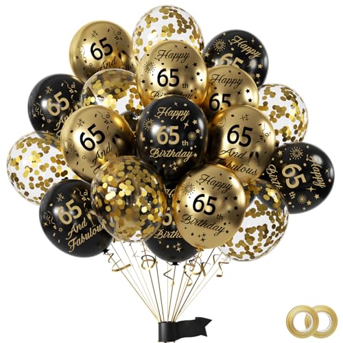 15pcs Años Decoracion Cumpleaños,Oro Negro Fiesta 65Años Globos cumpleaños con Happy Birthday...