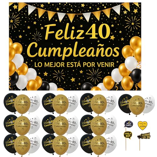 Decoración 40 Cumpleaños Photocall Pancarta 110x80cm Fiesta 40 Años Mujer Hombre 30 Globos Banner...