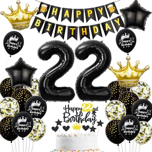 Oro Negro 22 Cumpleaños Hombre Mujer Decoración, Globos 22 Cumpleaños Decoración Negro Oro, 22...