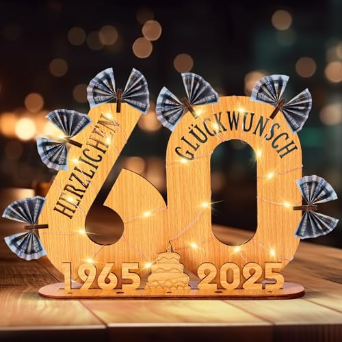 LUZOON 2025 Original 60º Regalo de Cumpleaños Libro de Visitas de Madera con Luces LED, 60 Años...