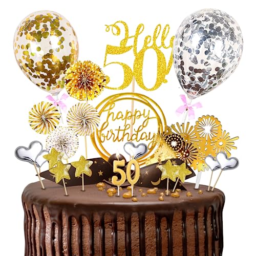 50 Años Adornos Para Tartas Probuk 21 Piezas Dorado Purpurina Decoración Para Tartas de Cumpleaños Kit con Vela de Cumpleaños,Happy Birthday Topper Decoración para Fiesta de Cumpleaños,Aniversario
